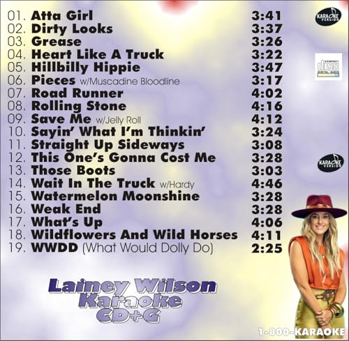 1-800-KARAOKE, Lainey Wilson Karaoke CD+G, 19 Country Songs Collection with Professional Backing...