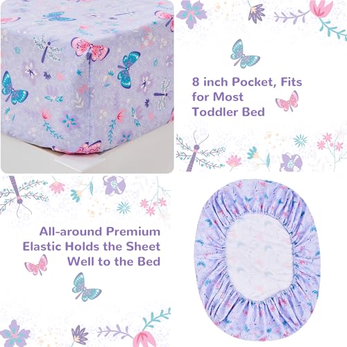 Image of lasoftan Butterfly Toddler Bedding Set for Girls, 4 Piece Bed-in-a-Bag Toddler Comforter Sets, Super Soft Comforter Sheet Set and Comfortable Microfiber Toddler Bed Set