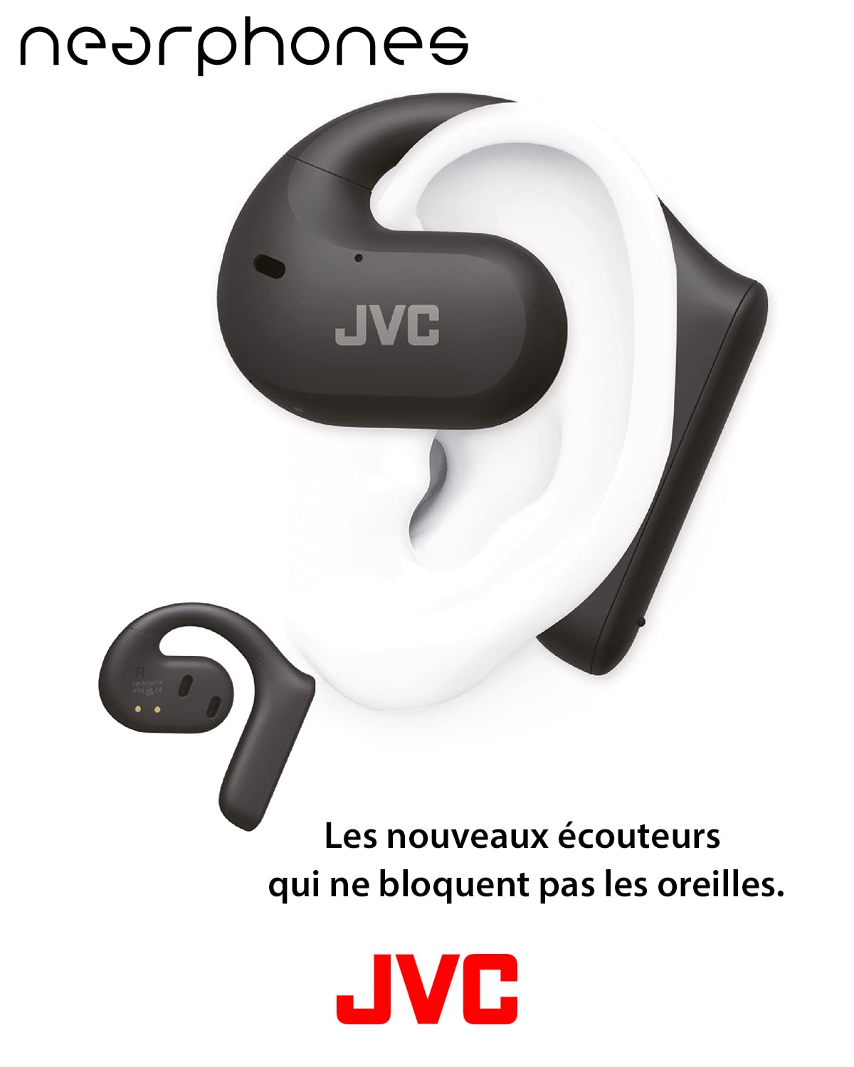 JVC Nearphones, écouteurs True Wireless, Design Oreilles Libres, Water Proof (IPX4) pour Le Running, Micro Fonction Mute, Autonomie 17H, Bluetooth 5.1, HA-NP35T-B (Noir)