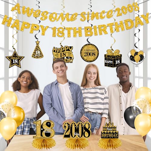 Image of Kuxriox 11Pcs 18th Birthday Decorations Kit for Men Women, Black Gold Happy 18th Birthday Banner, Awesome Since 2008 Centerpieces Swirls Party Supplies, Eighteen Bday Banner Ceiling Table Topper Sign