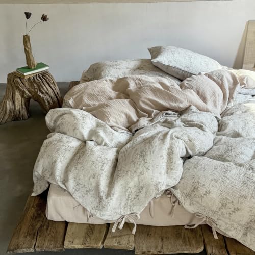Image of VM VOUGEMARKET Beige Ink Bamboo Print Double Layer Cotton Duvet Cover Set Twin,Natural Crinkled Cotton Muslin Bedding Set,Vintage Oriental Botanical Comforter Cover with Bow Ties