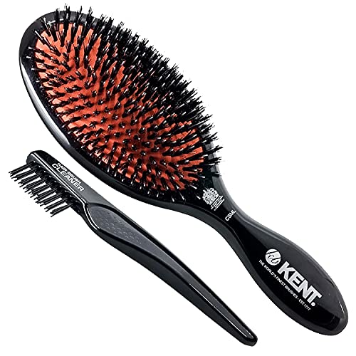 Kent CSML Classic Shine Large Oval Cushion Straightening Brush, Natural Boar Bristle Hair Brush with Nylon Quills, Hair Brush Detangle for Thick Hair and LPC2 Hair Brush Cleaner. Made in England
