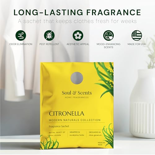 Image of Soul & Scents Citronella Fragrance Sachet | Uplifting Blend of Lemon, Citronella & Herbs | Long-Lasting Air Freshener for Car, Wardrobe, Kitchen, and Travel Bag | Pack of 3-20gm Each