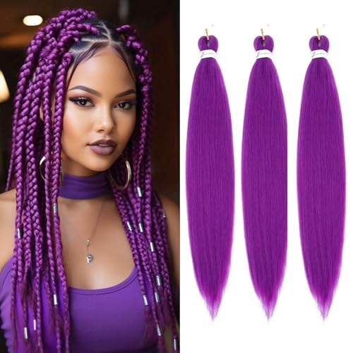 Purple Pre Stretched Braiding Hair 24 Inch Braiding Hair Extension for Twist Or Box Braids 3 Packs Crochet Braids Purple Hair Extensions Synthetic EZ Braid for Christmas Halloween Costume Cosplay