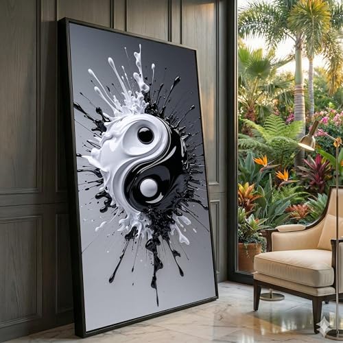 Peinture zen Yin Yang noir et blanc grand format 60x105 pour décoration intérieure