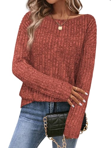 Image of Womens Sweaters Long Sleeve Shirts for Women Drop Shoulder Boat Neck Lightweight Tops Dressy Casual Trendy Caramel