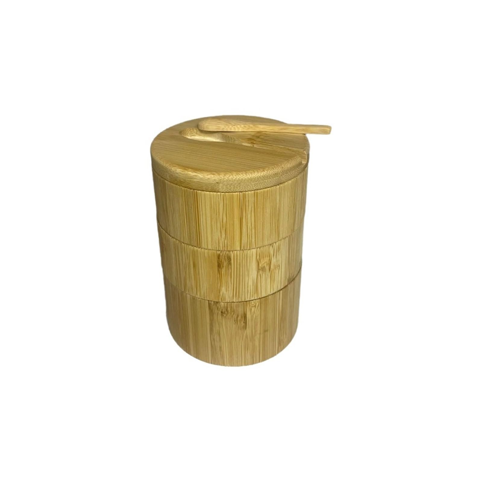 LuoAXINN Wooden Salt Cellar Multifunctional Condiment Container Swivel Lid 3-Compartment Wood Spice Box Material Round Seasoning Tank(3 layers With Spoon)