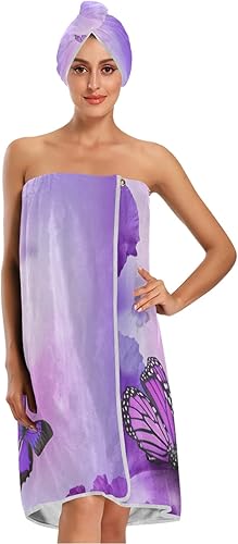 Xigua - Conjunto de toallas de baño para mujer, diseño de mariposas, color morado con cierre ajustable, absorbente y suave, ligero, longitud de la