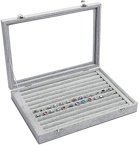Image of BucketList Fabric Glass Jewelry Ring Display Box - Grey Storage Box Organizer with Tray Holder and Showcase