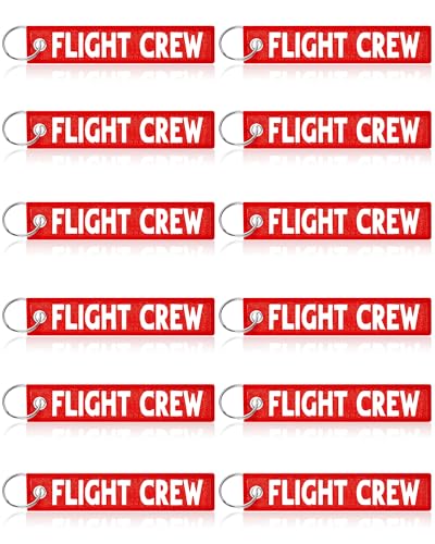 Junkin 12 Pcs Flight Crew Keychain Airplane Aviation Keychain Flight Crew Luggage Tags Embroidered Key Ring(Red)