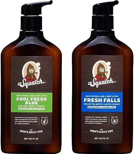 Dr. Squatch Men's Natural Lotion Non-Greasy Men's Lotion - 24-hour moisturization hand and body lotion - Made with Shea Butter, Coconut Oil, and Vitamin E - Cool Fresh Aloe and Fresh Falls (2 Pk)
