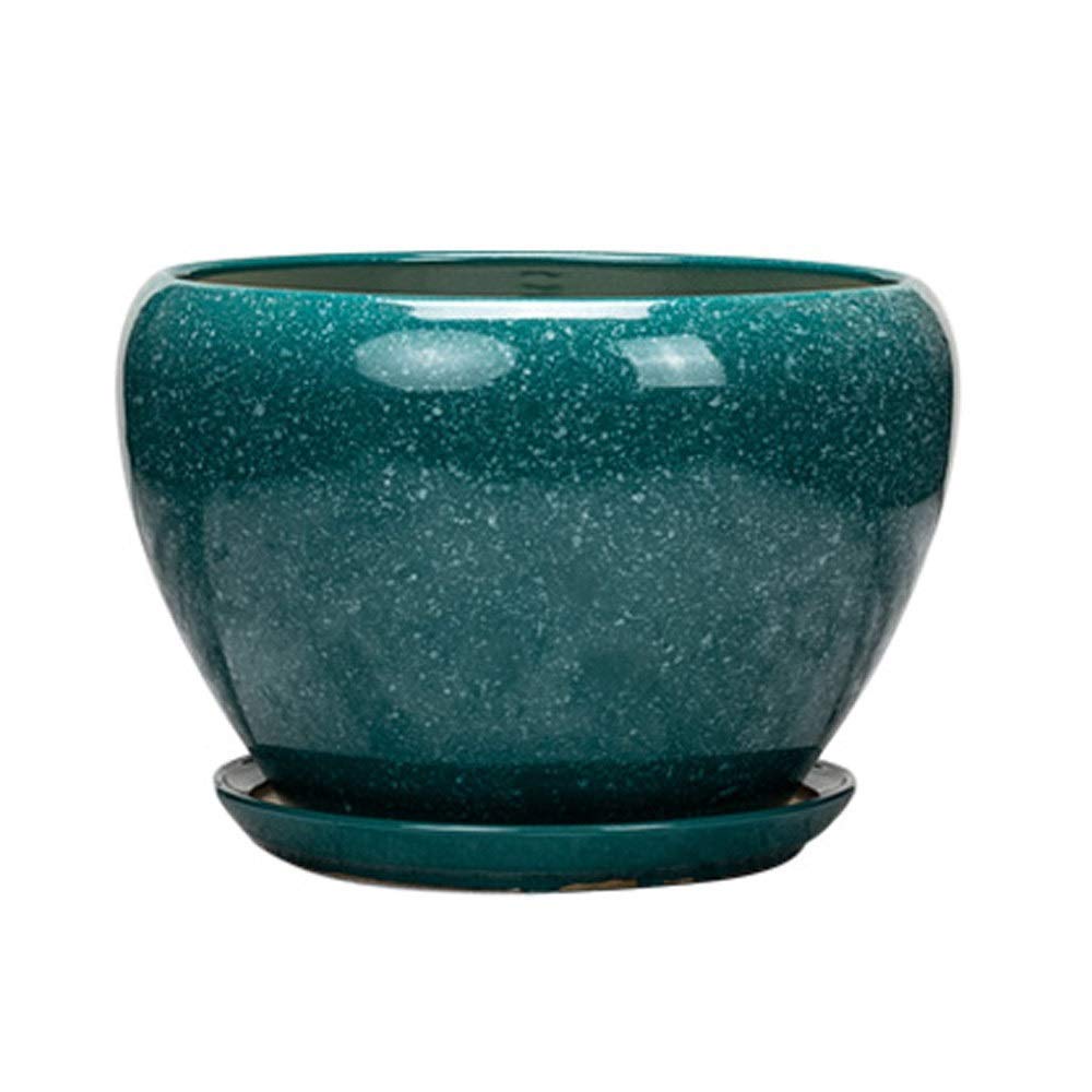 DFGHNBVC Ceramic Modern Glaze Succulent Planter Pot Bright Dark Green With Drainage Hole And Saucer Round Flower Plant Pot,20CM