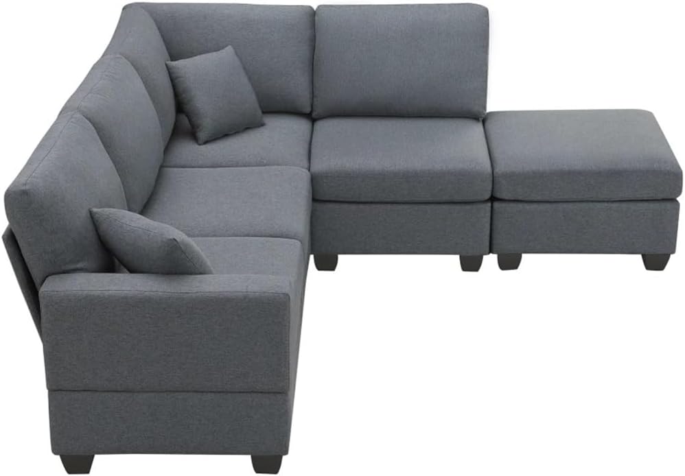 89.8 * 60.2" L-Shape Linen Fabric Corner Couch Set Sectional Sofa,5-Seat Modular with Convertible Ottoman(Black)