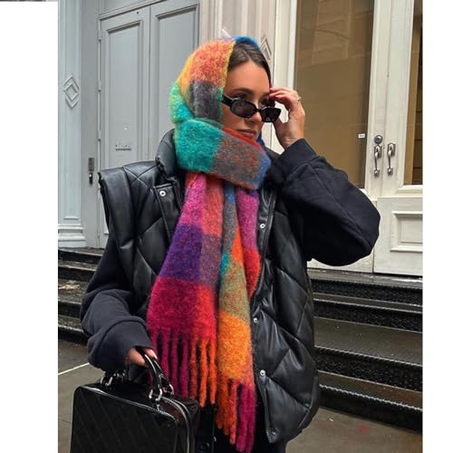 Large Chunky Plaid Scarf Checked Colorful Oversized Scarves Soft Big Cashmere Wool Thick Winter Warm Blanket Women (rainbow)4