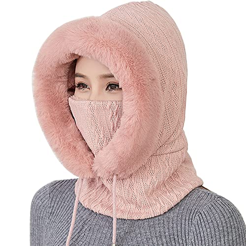 WANYIG 2 in 1 Wintermütze Strickmütze Warme Mütze Kreis Schal Set Balaclava Winter Stricken Mütze mit Fleecefutter für Damen Winddichte Mütze Kälteschutz Skimütze 56-60CM (Rosa) Cover