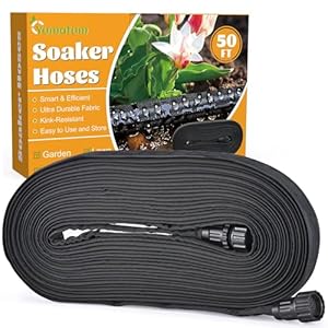 Soaker Hose 50 FT – Yumatum Flat Garden Soaker Hose Irrigation Sprinkler, Save 80% Water, Heavy Duty Leakproof, 3/4″ Linkable, Drip Watering Hose for Garden Beds, Lawns, Vegetable Field