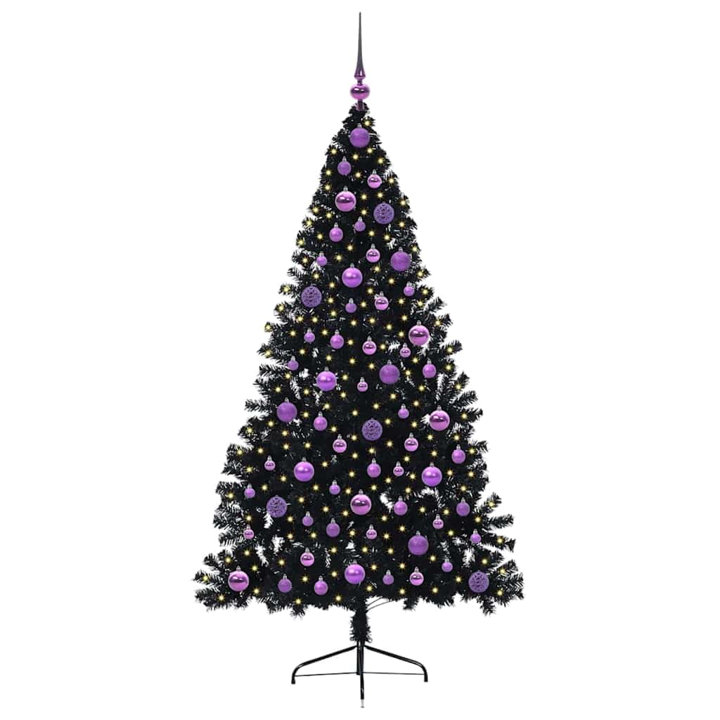 Albero di Natale artificiale nero, 180 cm, con 300 luci a LED bianco caldo, a forma di cono in PVC, per interni ed esterni protetti, con supporto, punta e decorazioni per albero