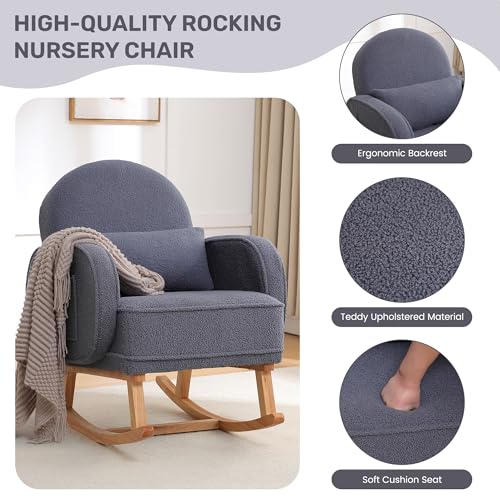 Image of HCHAIRH Nursery Rocking Chair with Footrest, Upholstered Glider Rocker with High Backrest and Side Pocket, Rocking Accent Armchair with Solid Wood Legs for Nursery, Living Room, Bedroom Dark Grey