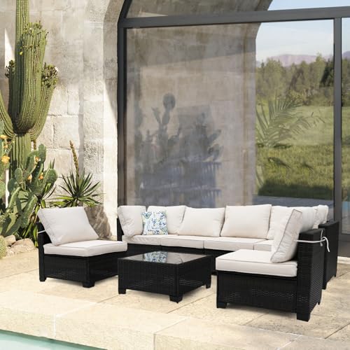 Ophelian MLY 07-BROWN-BEIGE 7 Pieces Outdoor Sectional Rattan Wicker Patio Furniture Set Conversation Sets thumb #1