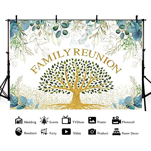 Aibiin 8X6Ft Family Reunion Backdrop Green Gold Eucalyptus Leaves Family Theme Photography Background Gold Tree Greenery Leaves Party Decoration Gold Glitter Banner Family Party Cake Smash Photo Props #TOP1