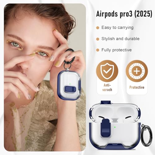 Image of Compatible Airpods Pro 3 Case (2025) with Phone Stand & Cleaner Kit,Print Soft Silicone Lock Clip Apple AirPods Pro 3rd Generation Case, Airpod Pro 3 Cover with Keychain for Women /Girls,Deep Blue