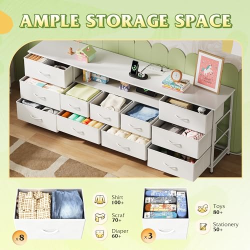 Image of WLIVE 75.5 inch TV Stand for 65, 75, 80, 85 Inch TV, Dresser for Bedroom with Power Outlets & LED Lights, 11 Drawer Fabric Dresser with Open Shelves, Entertainment Center with Storage, White