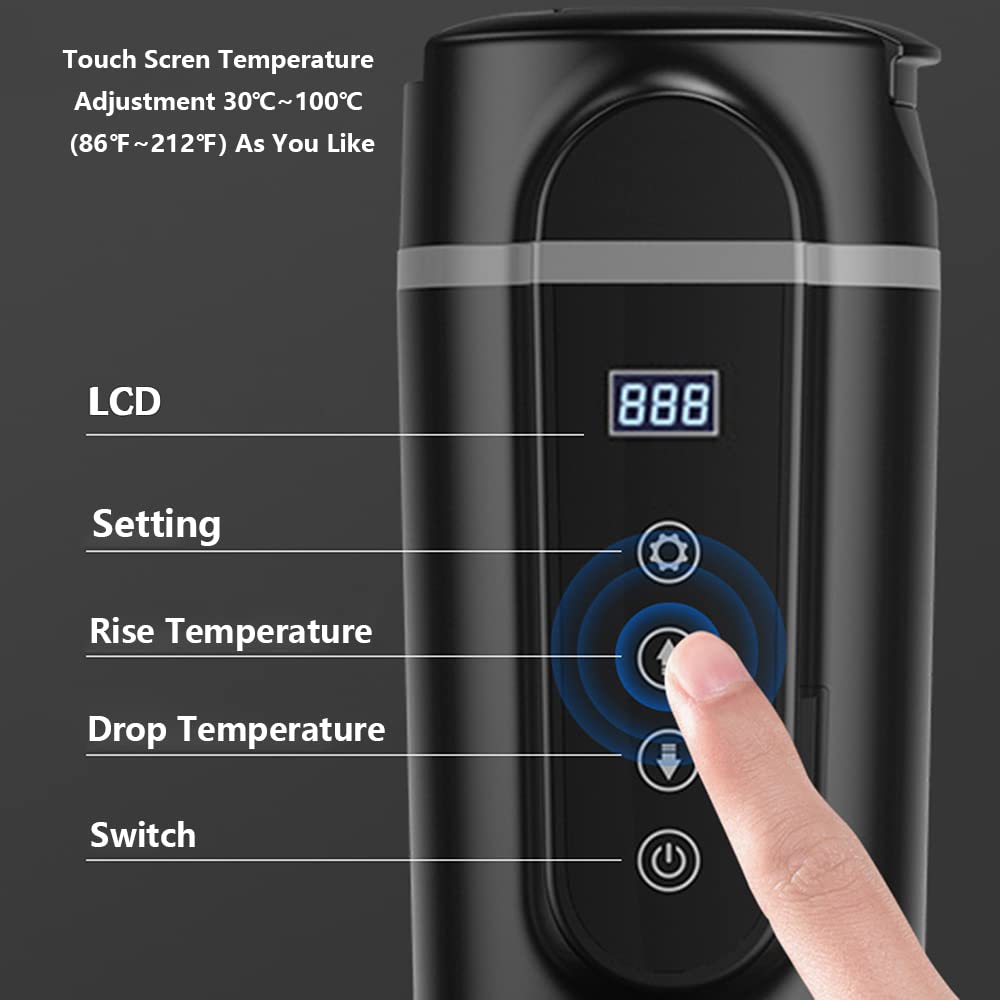 12/24V 420ml Acier Inoxydable Voiture Électrique Chauffé Voyage Tasse Eau Chaude Café Thé Thermique Tasse Tactile Température Réglage Contrôle Eau Tasse, Noir