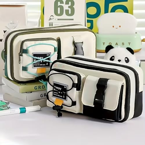 Image of Alokik Multi-Compartment Pencil Pouch Large Capacity Pen Case with Zipper & Buckle Pocket, Durable Canvas Stationery Organizer for School Office Travel, Stylish Storage Case(Black Happy Every Day)