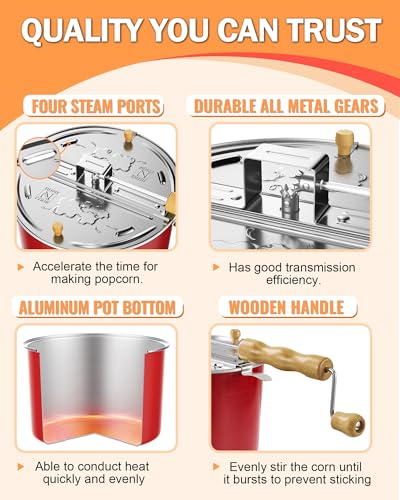 Image of Cook N Home Stovetop Popcorn Popper with Crank, 6-Quart Aluminum Popcorn Pot, Red