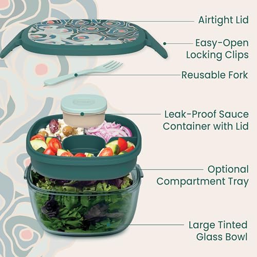 Image of Bentgo Glass Prints Salad Container - 7.6-Cup Tinted Glass Salad Bowl with Airtight Lid, Leak-Proof Sauce Container, 4-Compartment Bento Meal Prep Tray & Reusable Fork (Floral Maximalist - Sea)