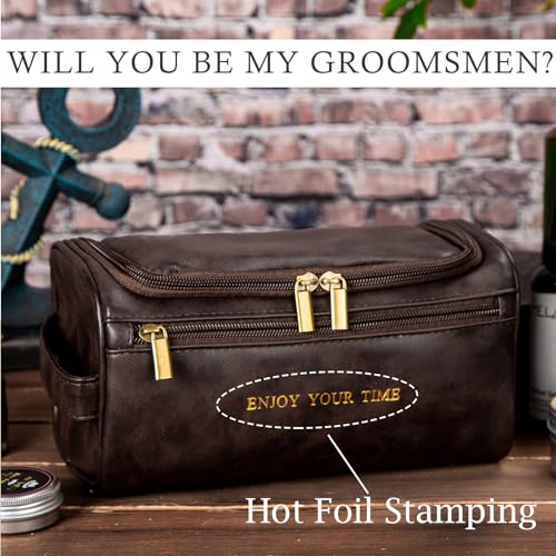 Flycalf Mens Toiletry Travel Bag Customized Mens Leather Toiletries Grooming Bag for Men Shaving Bag Hanging Water Resistant Organizer (Coffee)2