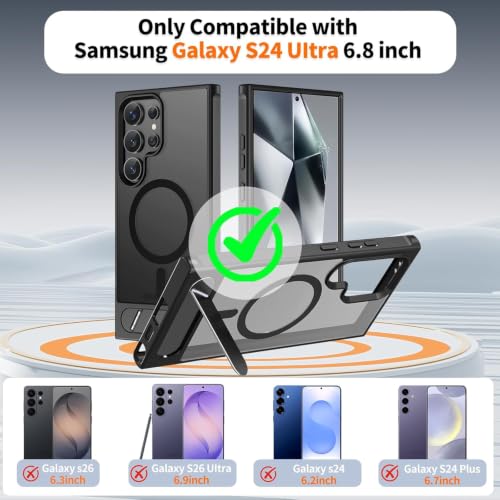 Image of Elzzi Magnetic Cover Compatible for Samsung S24 Ultra 5g Case with Adjustable Metal Kickstand, Compatible with Mag-Safe Translucent Matte Shockproof Protective Phone Case, Black Stand