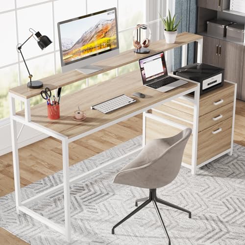 Image of Tribesigns 63 Inch Computer Desk with File Drawer Cabinet, Ergonomic Office Desk with Monitor Stand, Industrial Computer Table with Printer Space, Wood PC Table Workstation Desk for Home Office