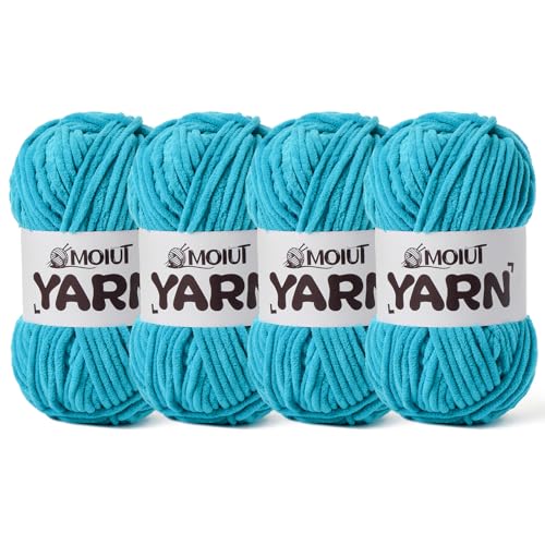 Image of 4 Packs Fluffy Chenille Yarn for Crocheting, Chunky Velvet Yarns for Crochet Amigurumi, Baby Yarn for Crocheting Soft Blanket, 349.9yds /14.1 oz Bulky Yarns for Crafts /Hats /Shoes /Socks (4 Lake Blue)