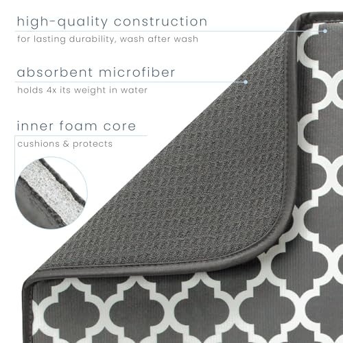 S&T INC. Dish Drying Mat XL, 18” x 24”, Absorbent Microfiber Kitchen Counter Mat, Dish Drying Pad for Dishes, Utensils, Pots and Pans, Extra Large, Pewter Grey Trellis