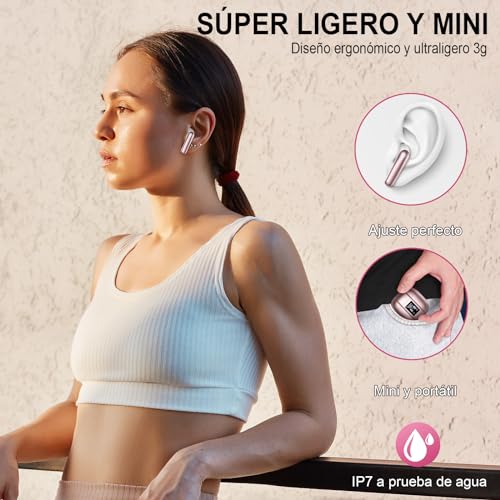 Renimer-Auriculares-Inalambricos-Bluetooth-Auriculares-Bluetooth-53-48-Horas-Estereo-HiFi-con-Reduccion-de-Ruido-IP7-Impermeable-Cascos-Inalambricos-Comodidad-Ligera-Carga-Rapida-USB-COro-Rosa