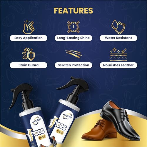 Image of HASPER Shoe Shine Polish - Instant Boot & Leather Polisher with Applicator | Neutral, Black & White Wax Shiner for Men, School Shoes & All Colours | Liquid Shoe Shinner for Natural Finish - 250 ML