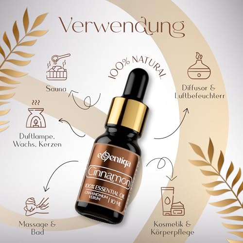 Zimtöl Duftessenz hochkonzentriert, warm-würziger Duft für Saunaaufguss und Diffuser, perfekt für Kerzen gießen, Seife, Wax Melts und winterliche Raumduftmischungen