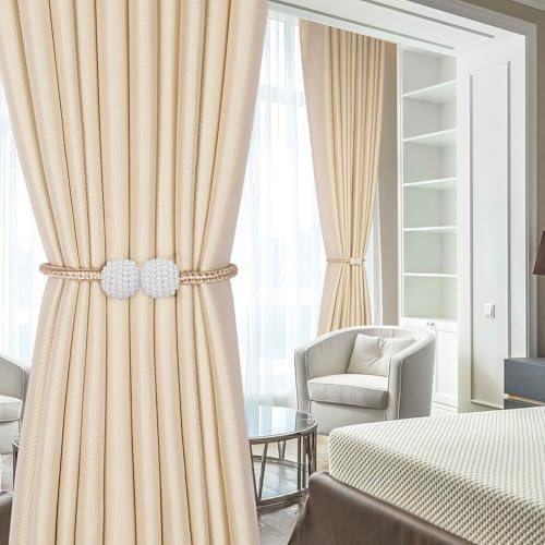 Image of INOVERA (LABEL) 8 Pieces Magnetic Curtain Tiebacks - Decorative Windows Curtain Tie Rope - Drapery Holdbacks for Home, Office (Beige)