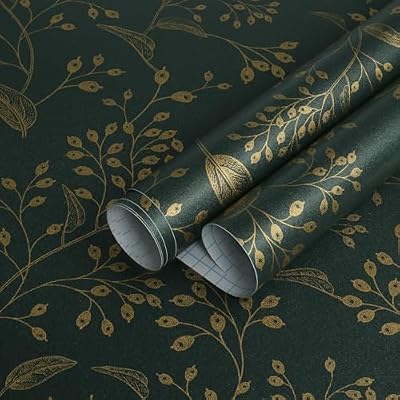 Heroad Peel and Stick Wallpaper Dark Green Contact Paper Gold Floral Wallpaper Modern Boho Removable Contact Paper for Cabinets Drawers Bedroom Self Adhesive Vinyl Papel Tapiz para Pared 118" x 17.3"