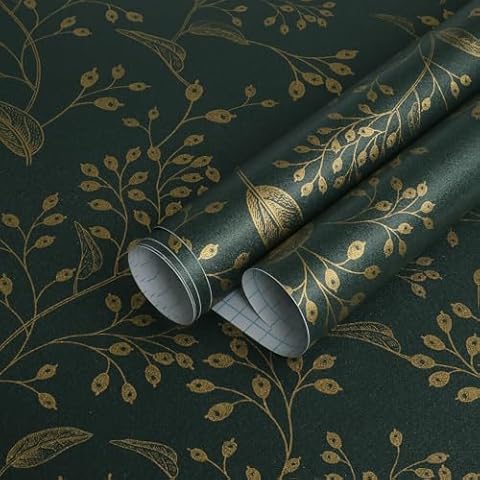 Heroad Peel and Stick Wallpaper Dark Green Contact Paper Gold Floral Wall Paper Modern Boho Removable Contact Paper for Cabinets Drawers Bedroom Self Adhesive Vinyl Papel Tapiz Para Pared 118" x 17.3" Cover
