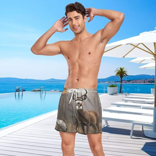 Mens Swim Trunks with Liner, Deer Autumn Forest Cool Quick Dry Beach Swim Shorts, Swimwear Bathing Suits S4