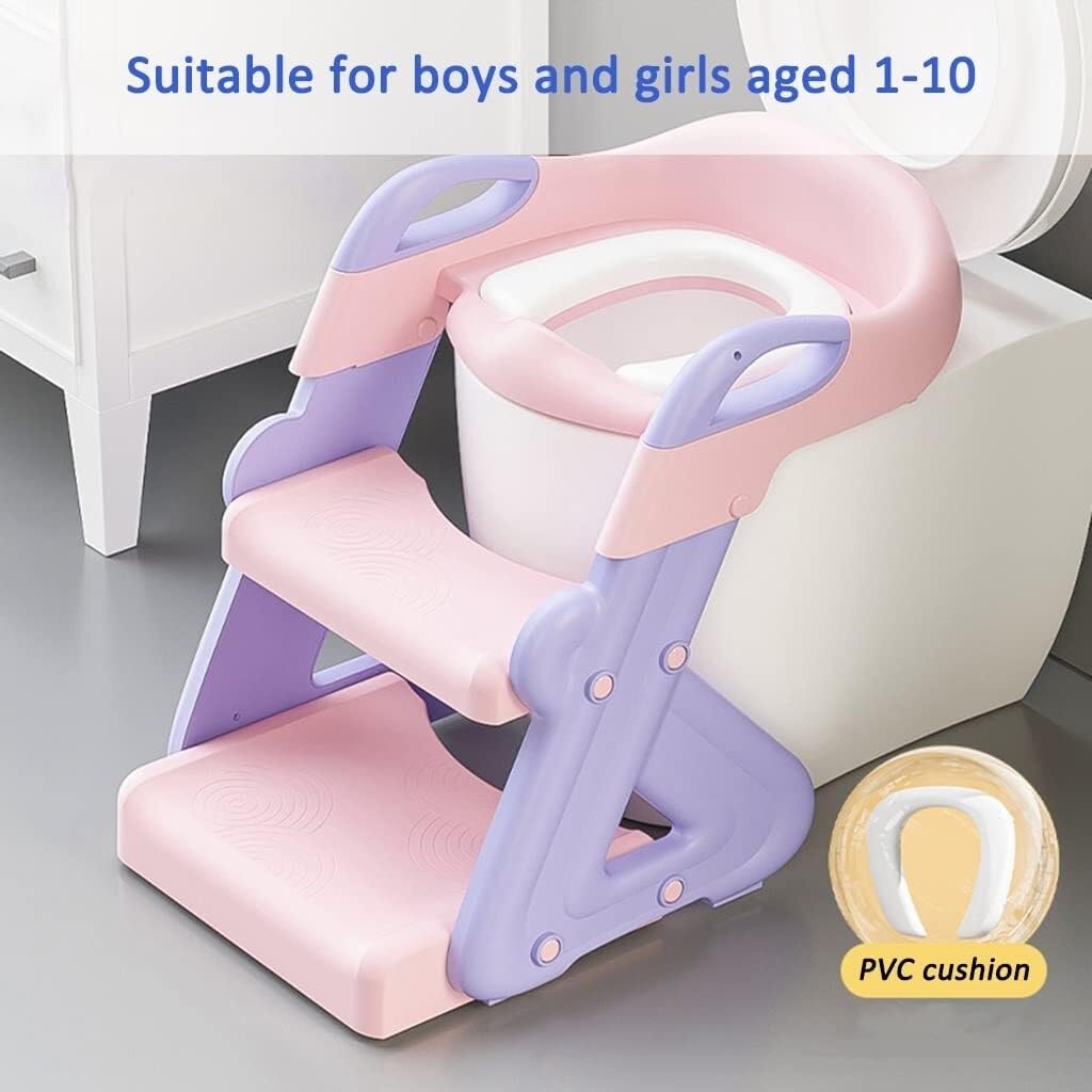 Adjustable Potty Training Seat with Ladder for Boys & Girls, Foldable PP Toilet Chair with Splash Guard, 150kg Load(Pink)