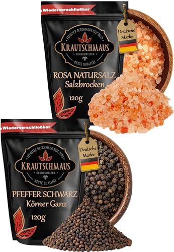 Salz und Pfeffer für die Mühle von Krautschmaus je 120g, rosa Natursalz grob, bekannt als Himalaya Salz, Kristallsalz aus Salt Range Pakistan, schwarze Pfefferkörner