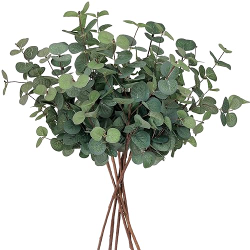 HNNFMY 6 Bunches Artificial Flowers Green Artificial Eucalyptus Stems Faux Silk Eucalyptus Branch Fake Green Foliage Greenery Stem for Flower Arrangement Wedding Centerpiece Decor