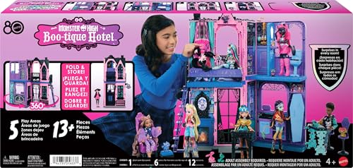 Image of Monster High Boo-tique Hotel Doll House, Foldable Playset with Spooky Surprises in Every Room and 13+ Pieces Including Furniture and Accessories
