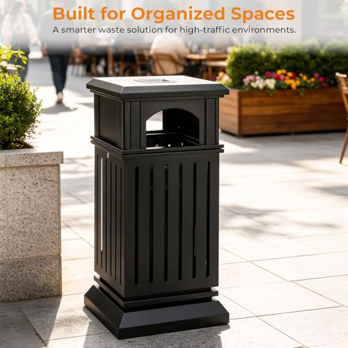 Image of BEAMNOVA Commercial Outdoor Trash Can with Lid, Matte Black, 15.8 * 35.5 in | Metal Heavy Duty Garbage Can Outside Waste Container for Hotel, Patio, Business, Pool Area, Exterior Public Area