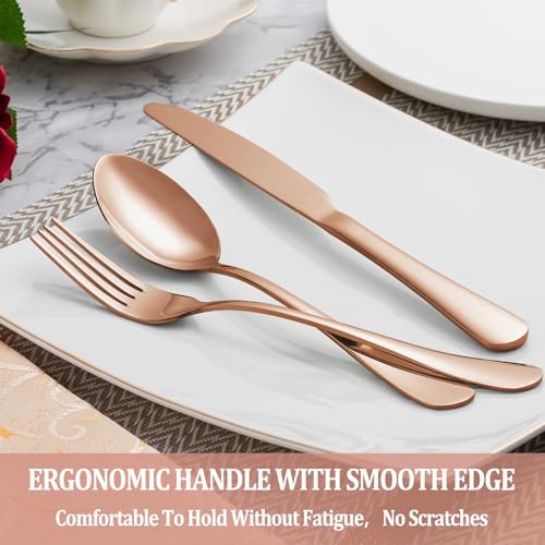 Image of 20 Pcs Rose Gold Silverware Set Service for 4, Premium Stainless Steel Flatware Set, Cutlery Utensil Set, Durable Home Kitchen Eating Tableware Set, Include Fork Knife Spoon Set, Dishwasher Safe