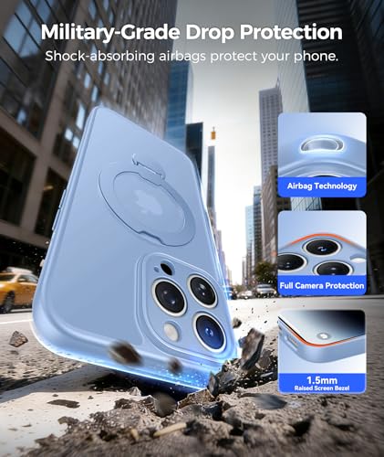 Image of FNTCASE for iPhone 14 Pro-Max Case: [360 Spin Magnetic Stand] [Compatible with Magsafe] [Screen Protector] Translucent Matte Military Grade Shockproof Full Camera Protective Phone Cover - Light Blue