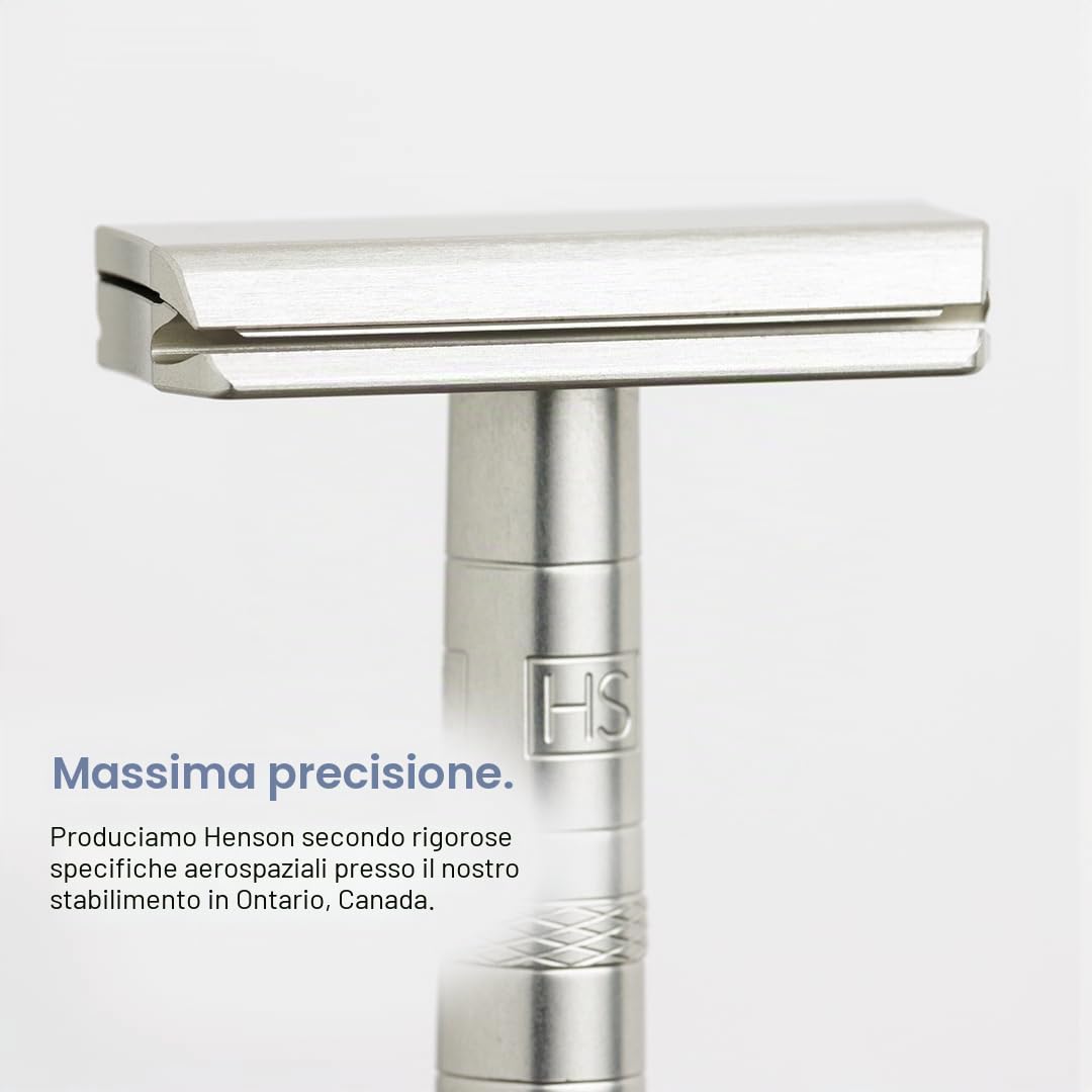 Henson Shaving Rasoio di Sicurezza Jet Black + 5 Lamette | Aggressività lieve, corpo in alluminio blu acciaio, stile classico, unisex, 5 lame di ricambio incluse